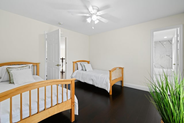 bedroom with ceiling fan and dark wood-type flooring