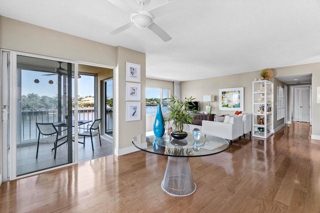 living room featuring hardwood / wood-style floors and ceiling fan