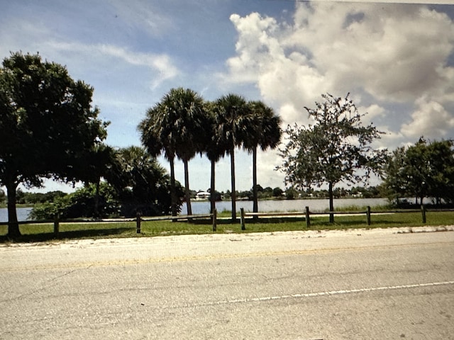 view of street with a water view