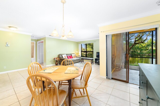 tiled dining room with crown molding and an inviting chandelier