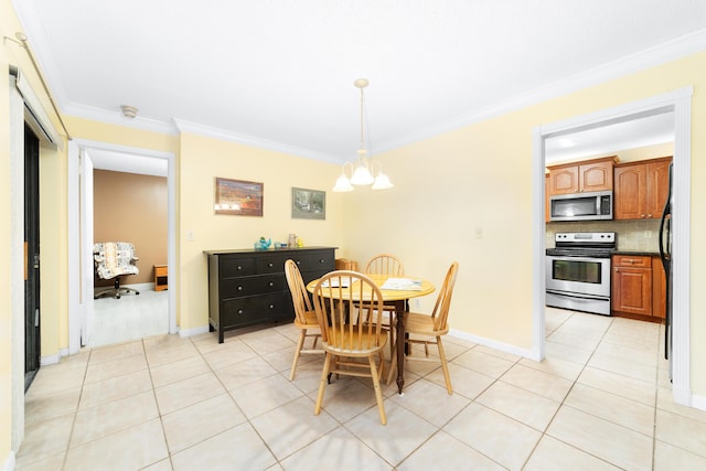 tiled dining room featuring crown molding and an inviting chandelier