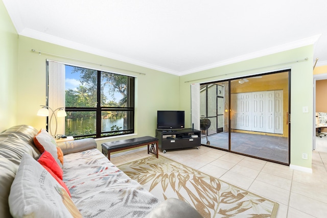 living room featuring light tile patterned floors and ornamental molding