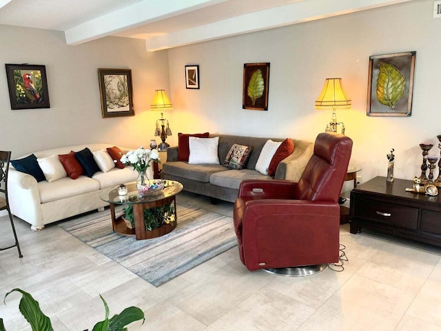 living room featuring beam ceiling