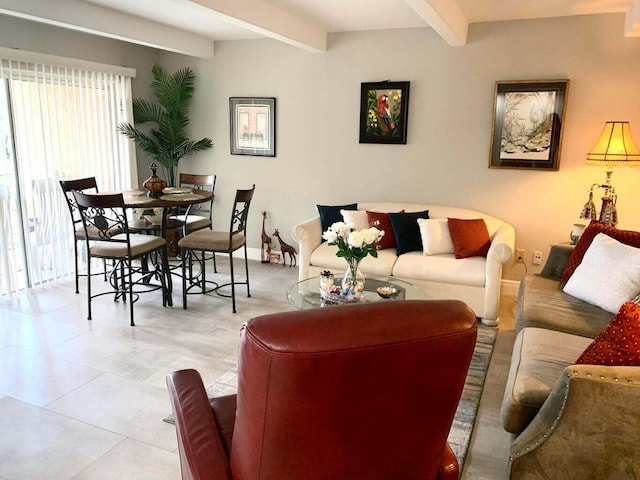 living room featuring beam ceiling