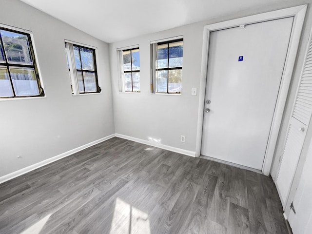 entryway with dark hardwood / wood-style flooring and vaulted ceiling