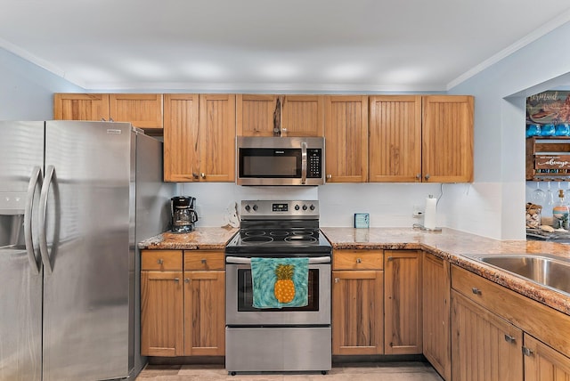 kitchen featuring backsplash, light stone countertops, ornamental molding, and stainless steel appliances