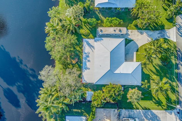 aerial view featuring a water view