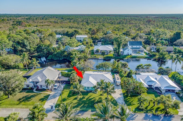 drone / aerial view featuring a water view