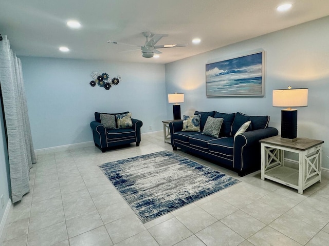 tiled living room featuring ceiling fan