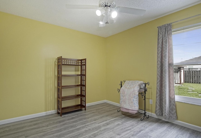 spare room featuring ceiling fan, light wood-type flooring, a textured ceiling, and a wealth of natural light