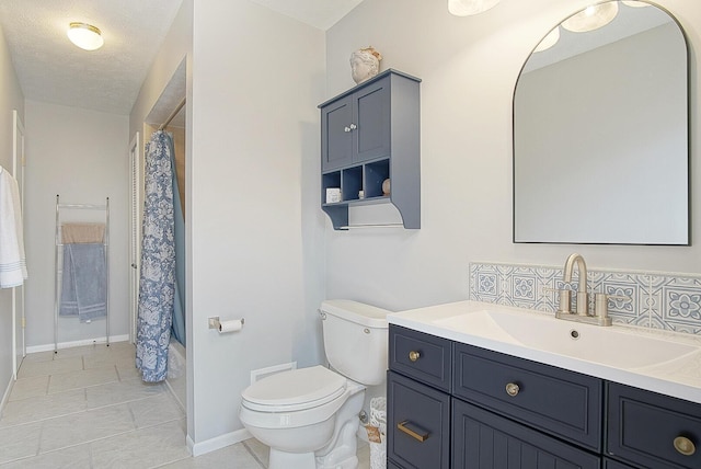 full bathroom with vanity, tile patterned floors, toilet, shower / bathtub combination with curtain, and a textured ceiling