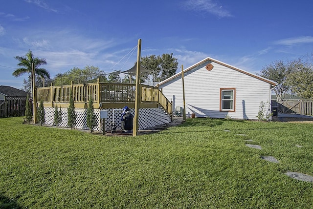 exterior space with a deck and a lawn