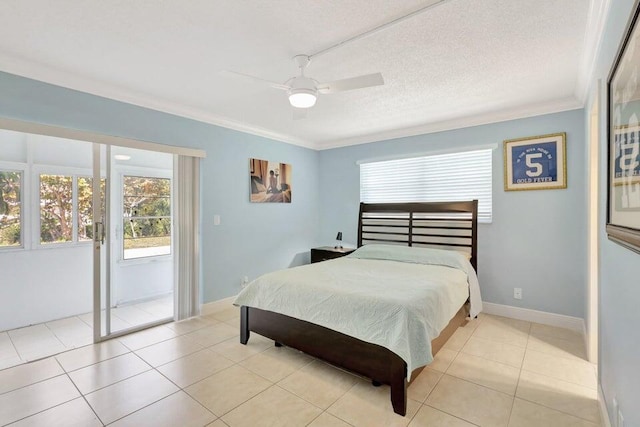 tiled bedroom featuring access to outside, ceiling fan, a textured ceiling, and ornamental molding