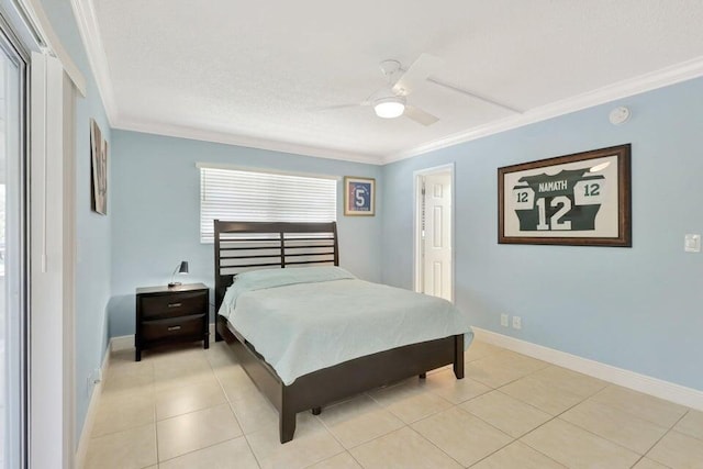 tiled bedroom with ceiling fan and ornamental molding