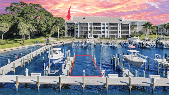 dock area with a water view