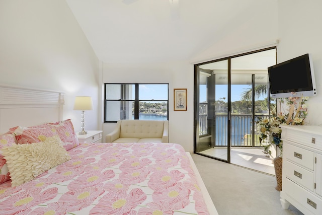 bedroom featuring vaulted ceiling, access to exterior, light carpet, and a closet