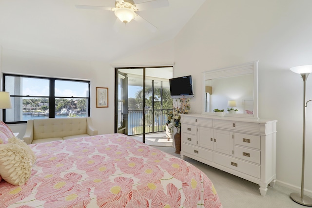 bedroom featuring light carpet, access to outside, high vaulted ceiling, and ceiling fan