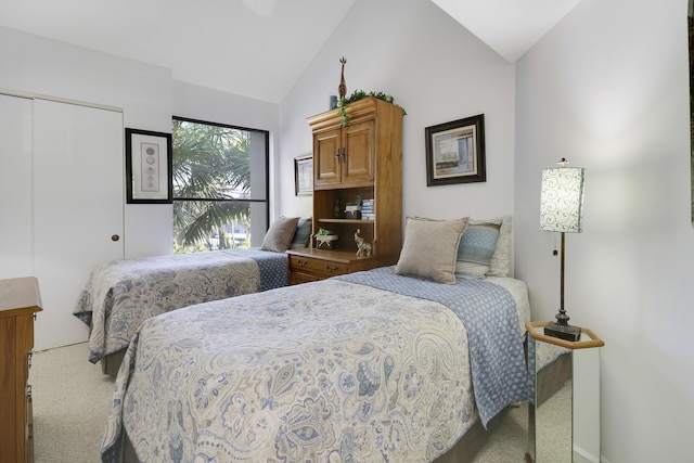 bedroom featuring carpet, a closet, and vaulted ceiling