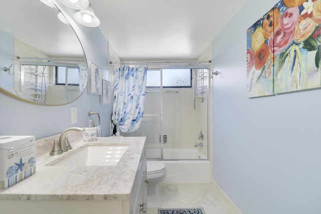 full bathroom with vanity, toilet, and enclosed tub / shower combo