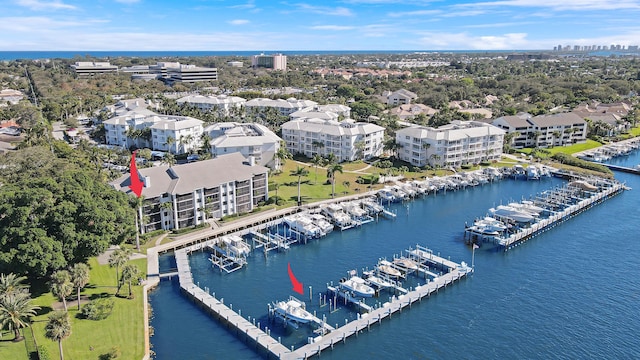 drone / aerial view with a water view