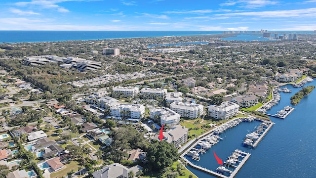 bird's eye view with a water view