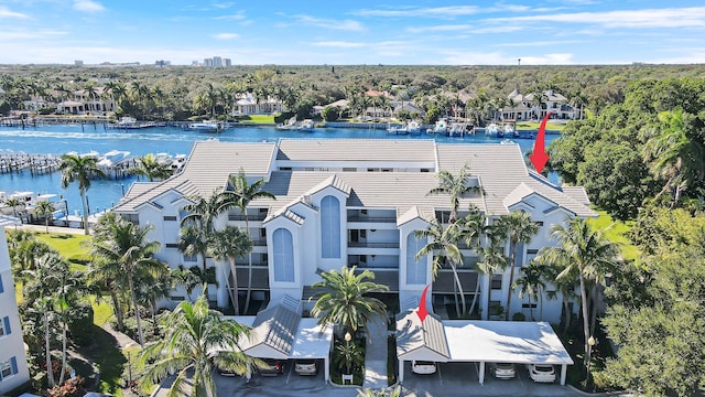 drone / aerial view featuring a water view