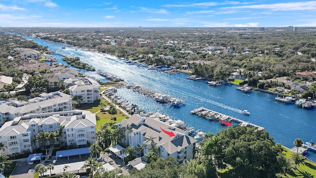 bird's eye view with a water view