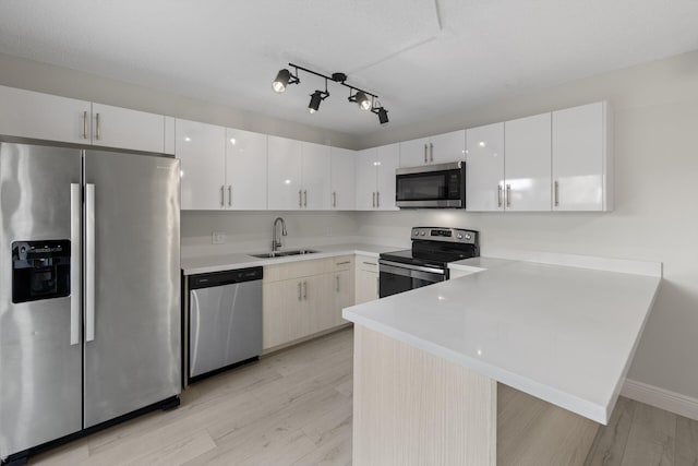 kitchen featuring sink, light hardwood / wood-style flooring, appliances with stainless steel finishes, white cabinetry, and kitchen peninsula