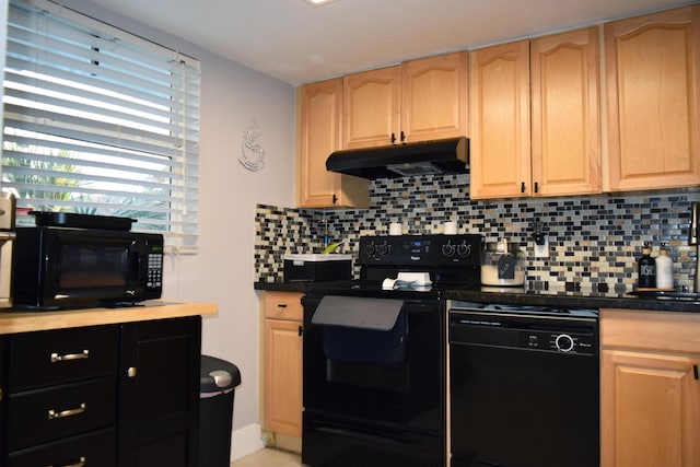 kitchen featuring black appliances, decorative backsplash, and light brown cabinets