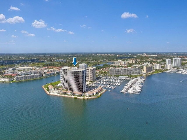 drone / aerial view with a water view