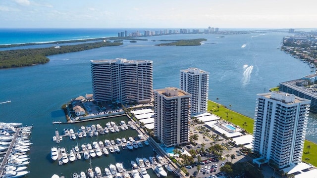 drone / aerial view featuring a water view