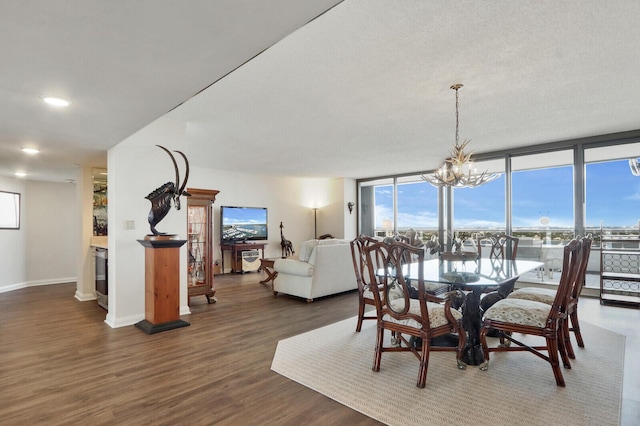 dining room with floor to ceiling windows, beverage cooler, dark wood-type flooring, and a notable chandelier