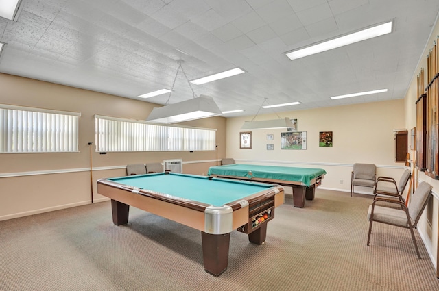 game room featuring light colored carpet and billiards