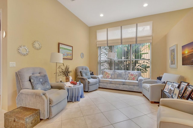 living room featuring light tile patterned flooring and high vaulted ceiling