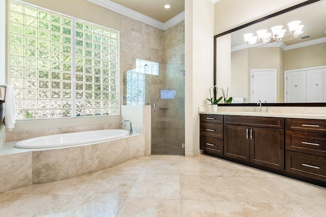 bathroom with vanity, shower with separate bathtub, crown molding, and a wealth of natural light