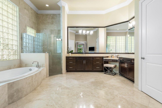 bathroom with ornamental molding, vanity, separate shower and tub, and a healthy amount of sunlight