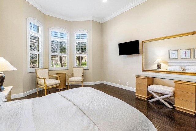 bedroom with crown molding and dark wood-type flooring