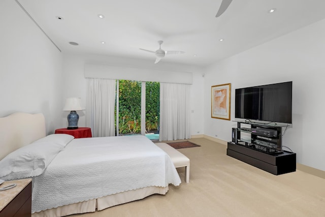 bedroom with ceiling fan and carpet floors