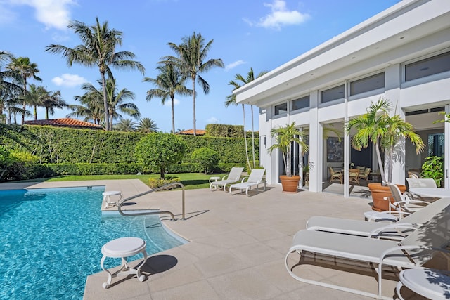 view of swimming pool featuring a patio area