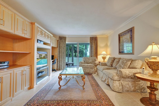 living room featuring light tile patterned flooring and ornamental molding