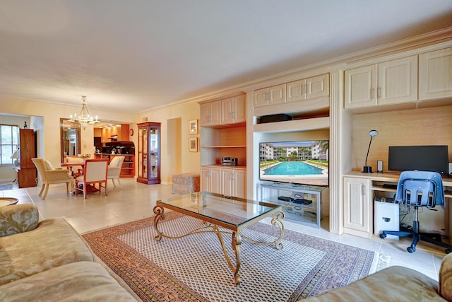 tiled living room featuring ornamental molding and a notable chandelier