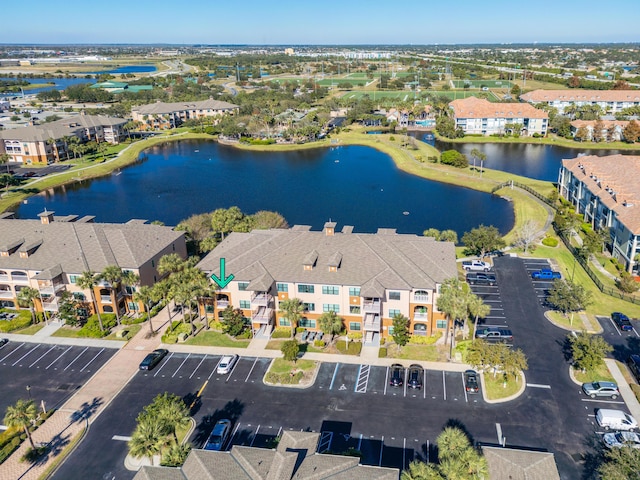 drone / aerial view featuring a water view