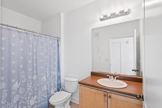 bathroom featuring tile patterned flooring, vanity, toilet, and a shower with shower curtain