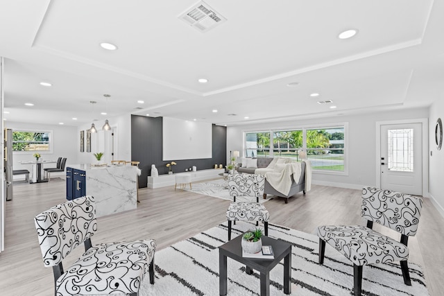 living room with a tray ceiling and light hardwood / wood-style flooring