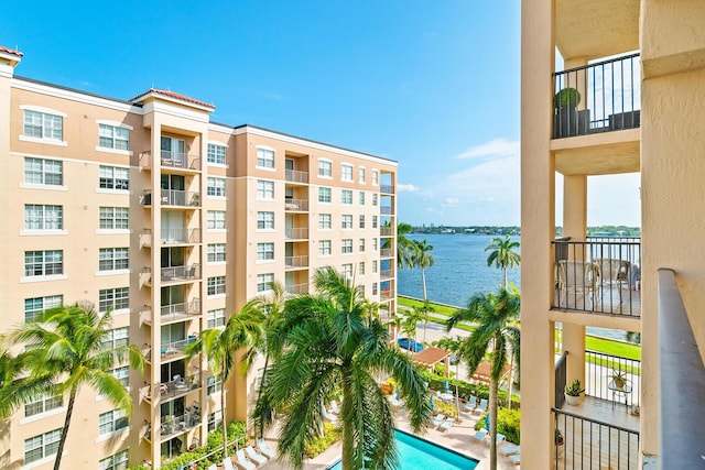 balcony featuring a water view