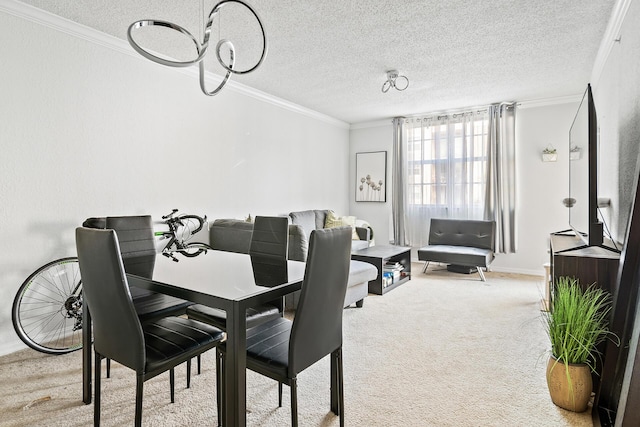 dining room featuring carpet flooring, crown molding, and a textured ceiling