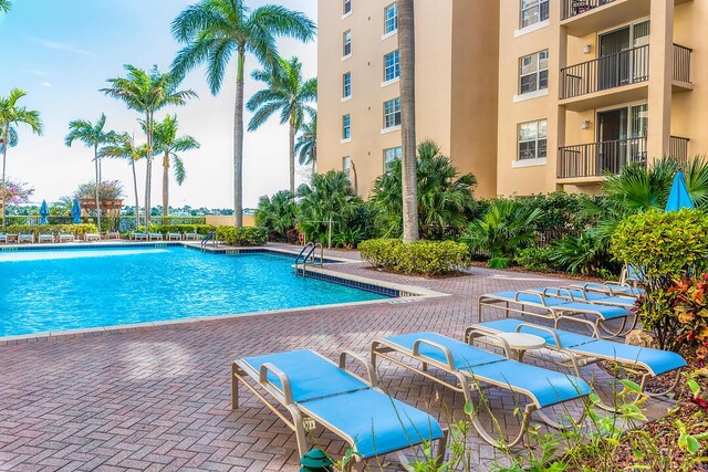 view of swimming pool featuring a patio area