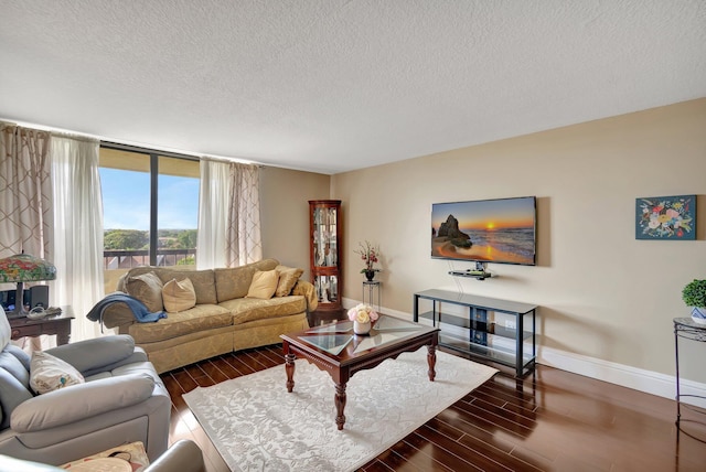 living room with a textured ceiling and dark wood-type flooring