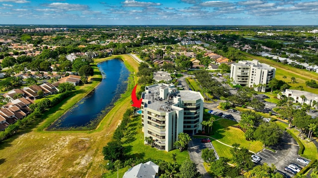 drone / aerial view featuring a water view