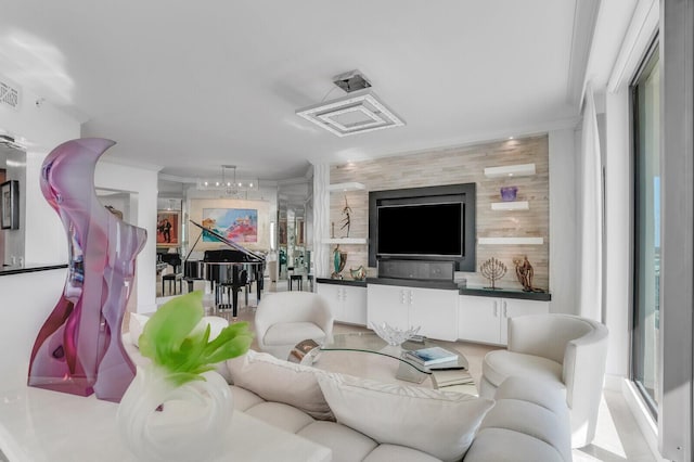 living room with crown molding and a healthy amount of sunlight